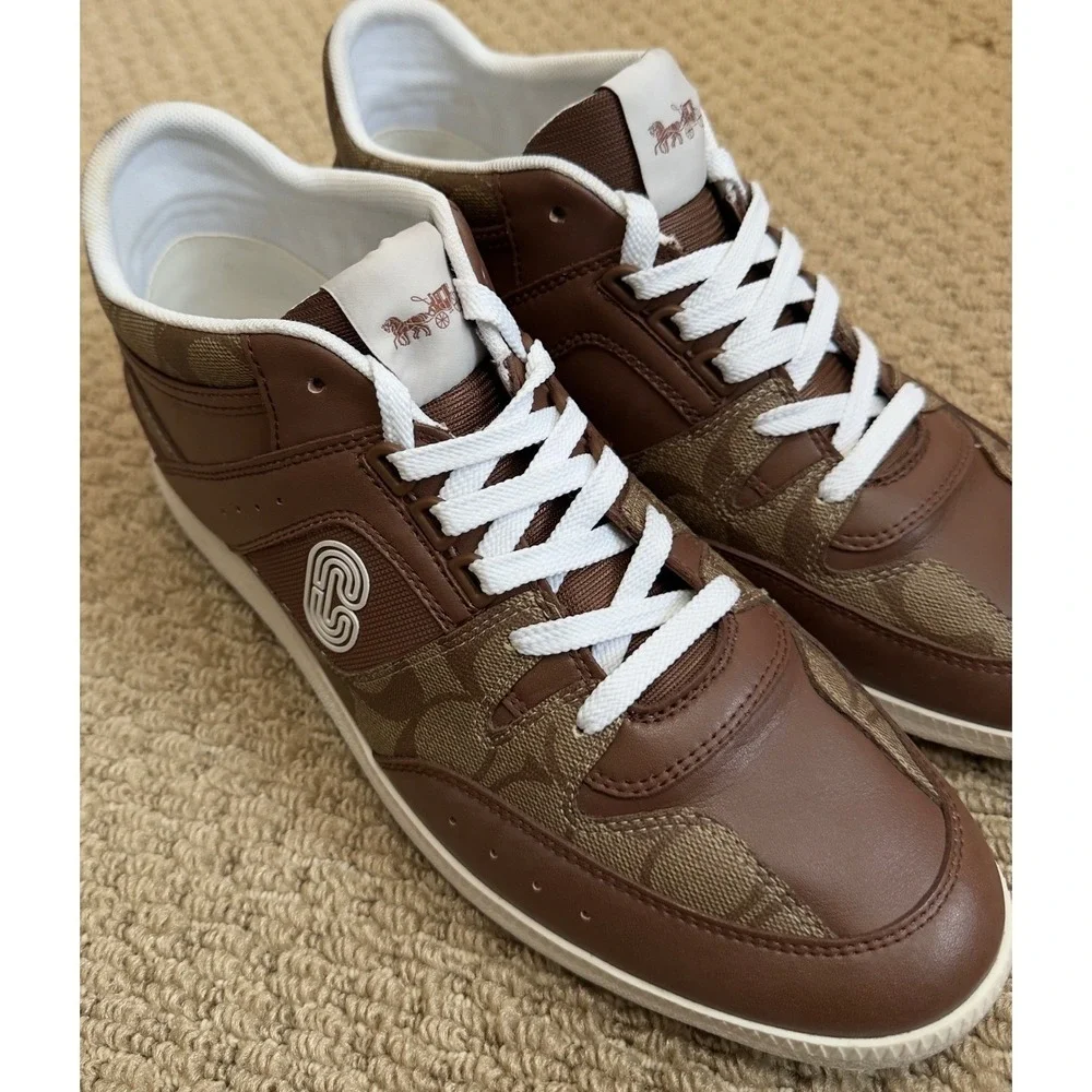 Coach Mens Signature Monogram Leather Low Top Sneakers Brown White Size 11
